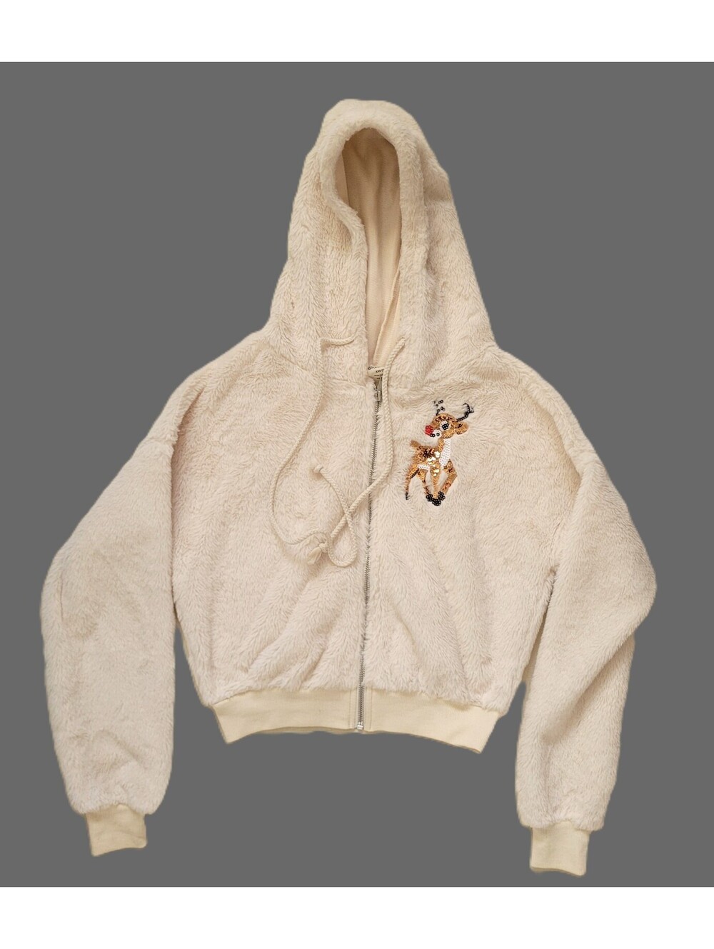 No Boundaries Women's XXS White Fuzzy Cropped Hoodie Sequin Reindeer Christmas
